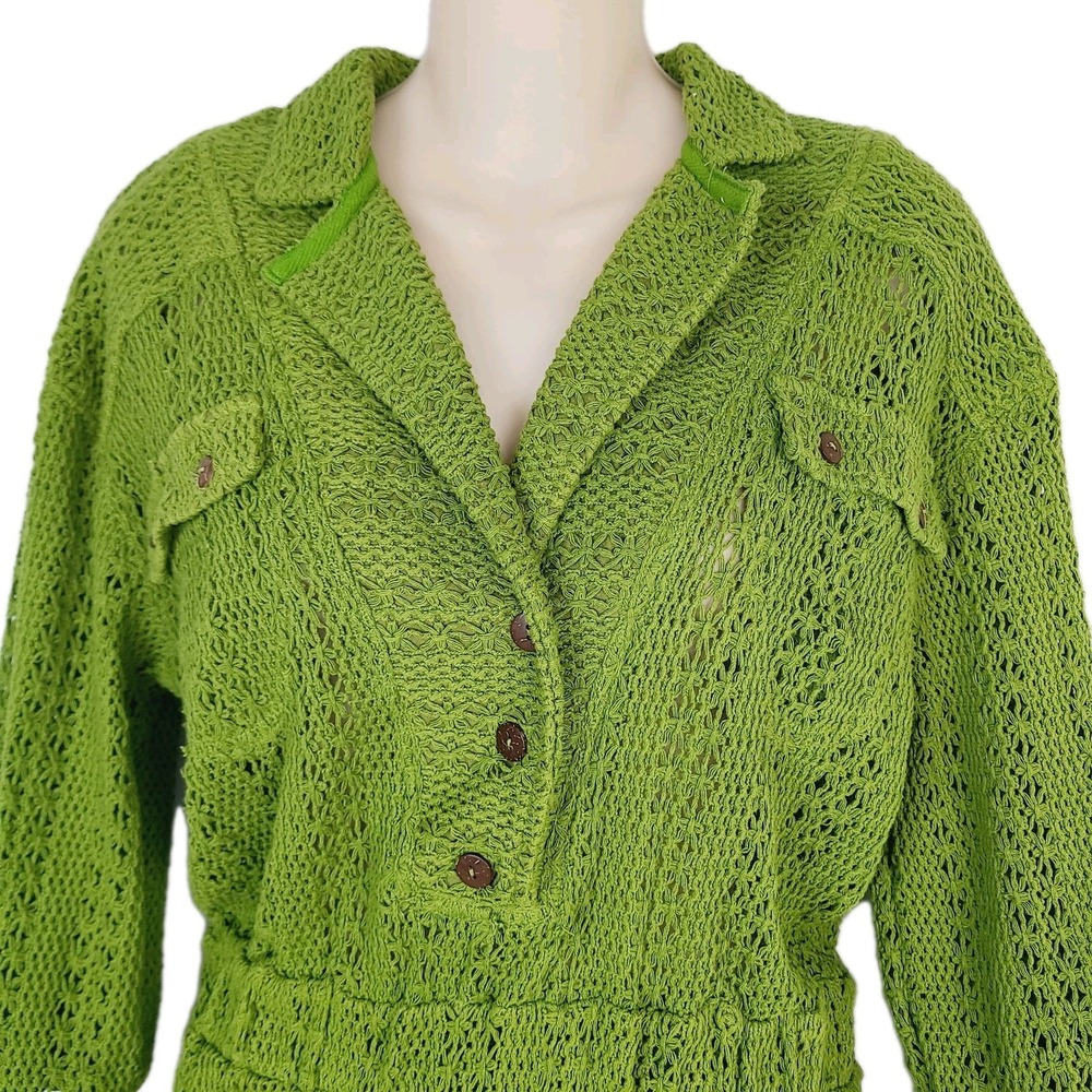 Free People Beach Romper Green Open Knit Button Front 3/4 Sleeve Stretch S Boho‎ - Picture 2 of 11